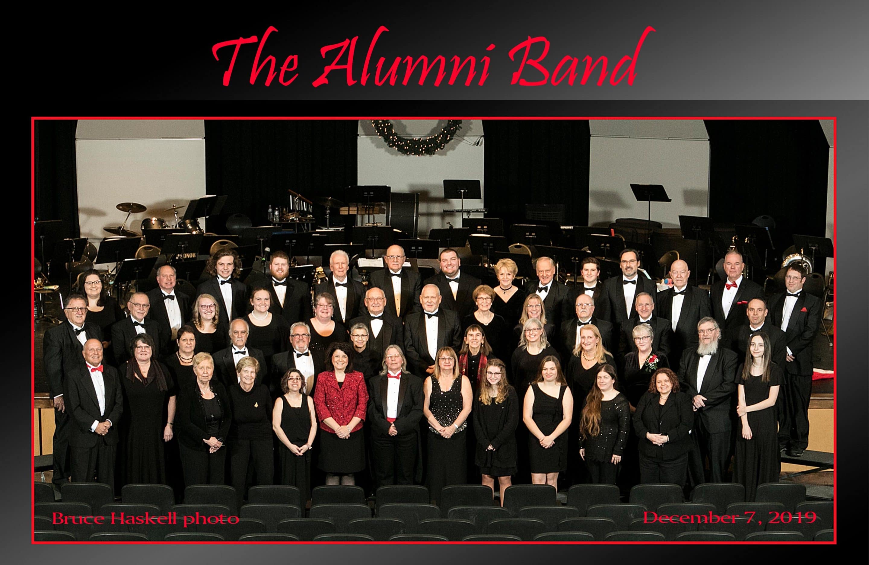 Outdoor group photo of The Alumni Band in Biddeford, Maine